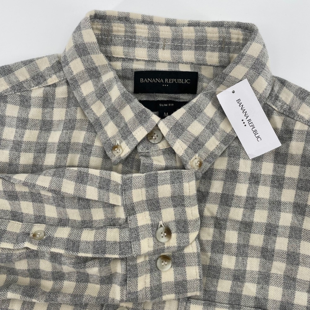 Banana Republic Men's Slim Fit Flannel Shirt Gray Cream Gingham Check Medium NEW